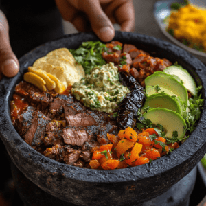 Authentic Molcajete made of volcanic stone with traditional design