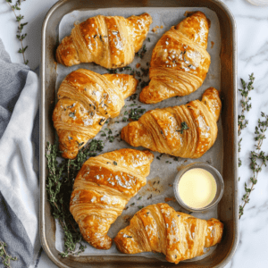 Freshly baked Gipfeli on a wooden tray – A batch of golden, flaky Swiss Gipfeli, freshly baked and ready to serve.