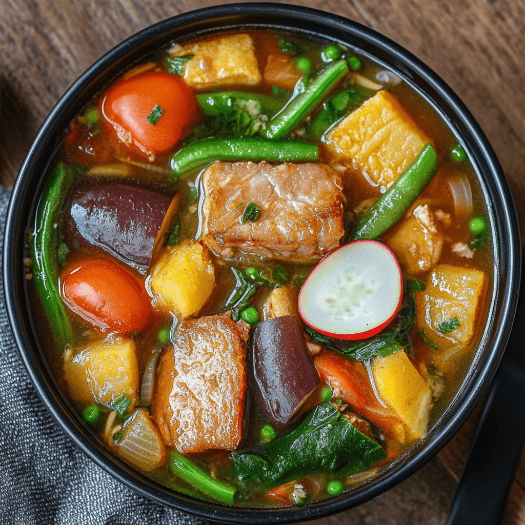 Is Filipino Sinigang Healthy? A traditional sour soup with pork, shrimp, or fish, served with vegetables like kangkong, radish, tomatoes, and green chili.