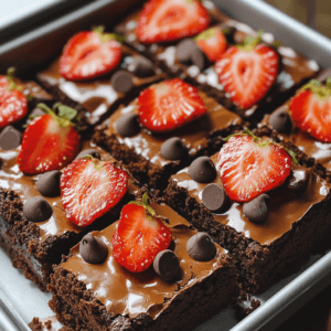 Freshly baked brownies with fruit in brownie mix, topped with berries and chocolate drizzle.