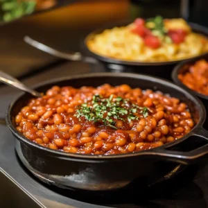 Beans in Bush's Baked Beans covered in a thick, savory sauce, served in a bowl.