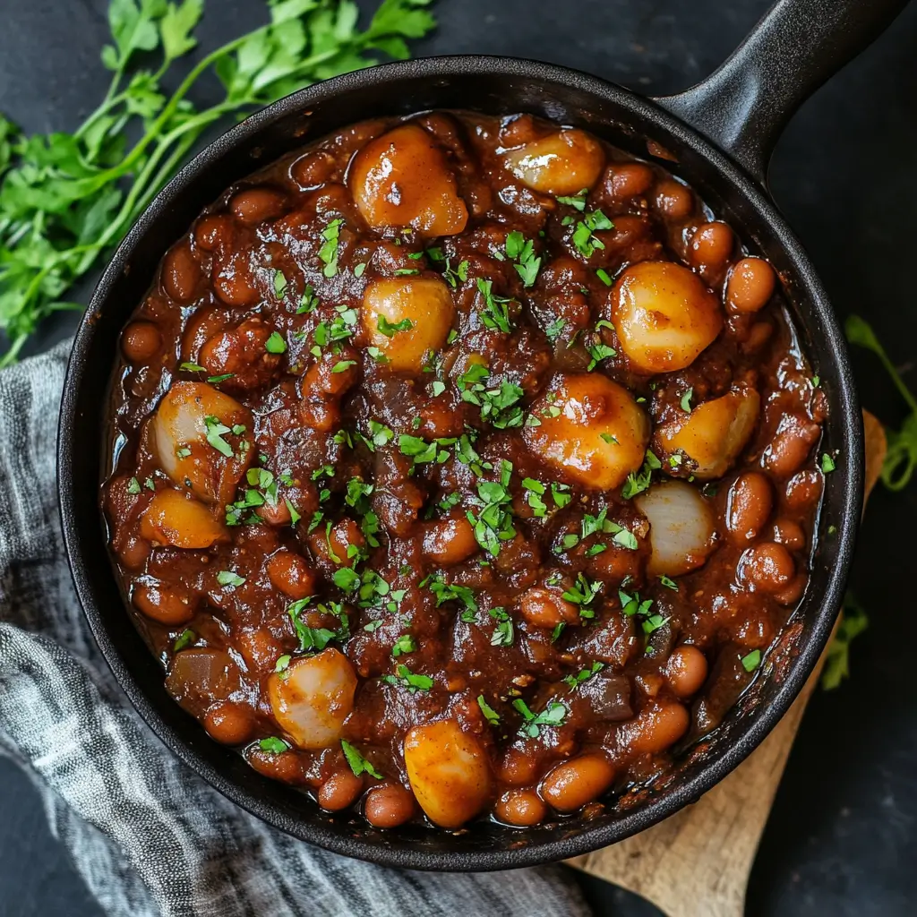 Beans in Bush's Baked Beans covered in a thick, savory sauce, served in a bowl.