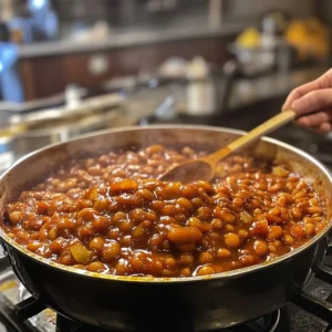 Beans in Bush's Baked Beans covered in a thick, savory sauce, served in a bowl.