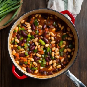 Delicious calico beans recipe – a hearty dish with mixed beans, ground beef, and savory sauce, served in a bowl, perfect for potlucks and family meals.