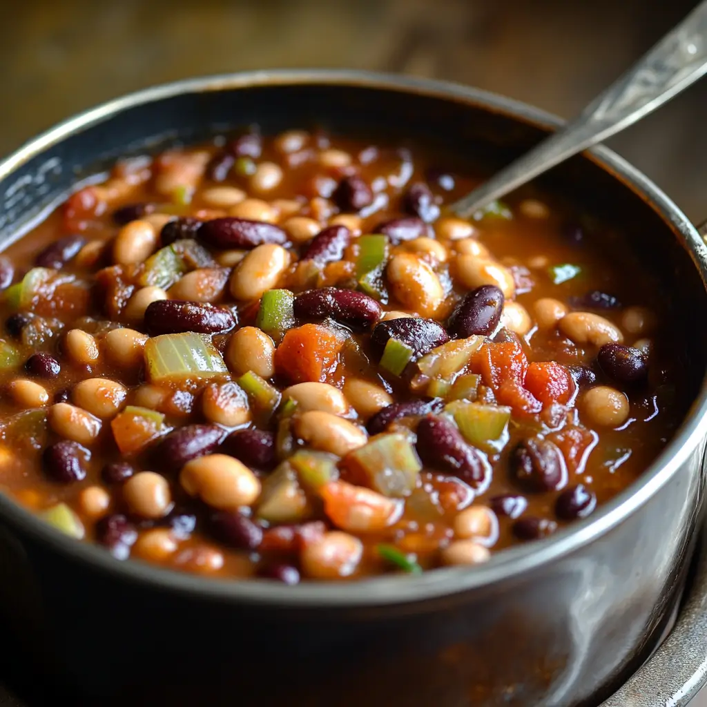 A hearty bowl of Calico Beans with ground beef, bacon, and mixed beans, garnished with fresh parsley.