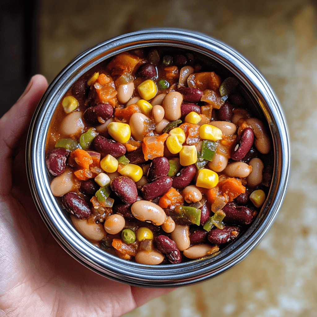 Freshly stored calico beans in an airtight container for optimal fridge storage.