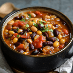 Bowl of thickened calico beans with a rich, hearty texture