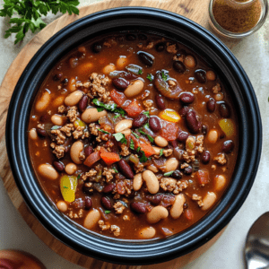 Bowl of thickened calico beans with a rich, hearty texture