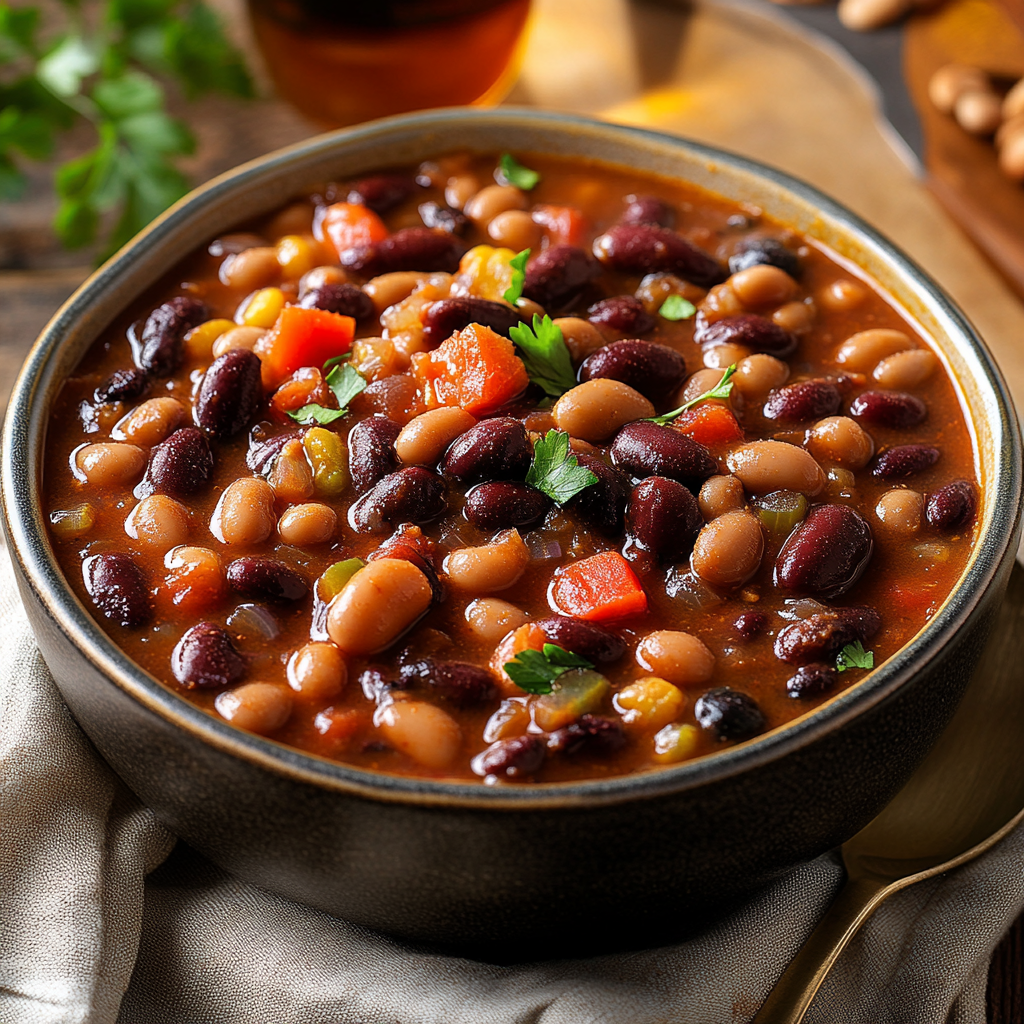 Bowl of thickened calico beans with a rich, hearty texture